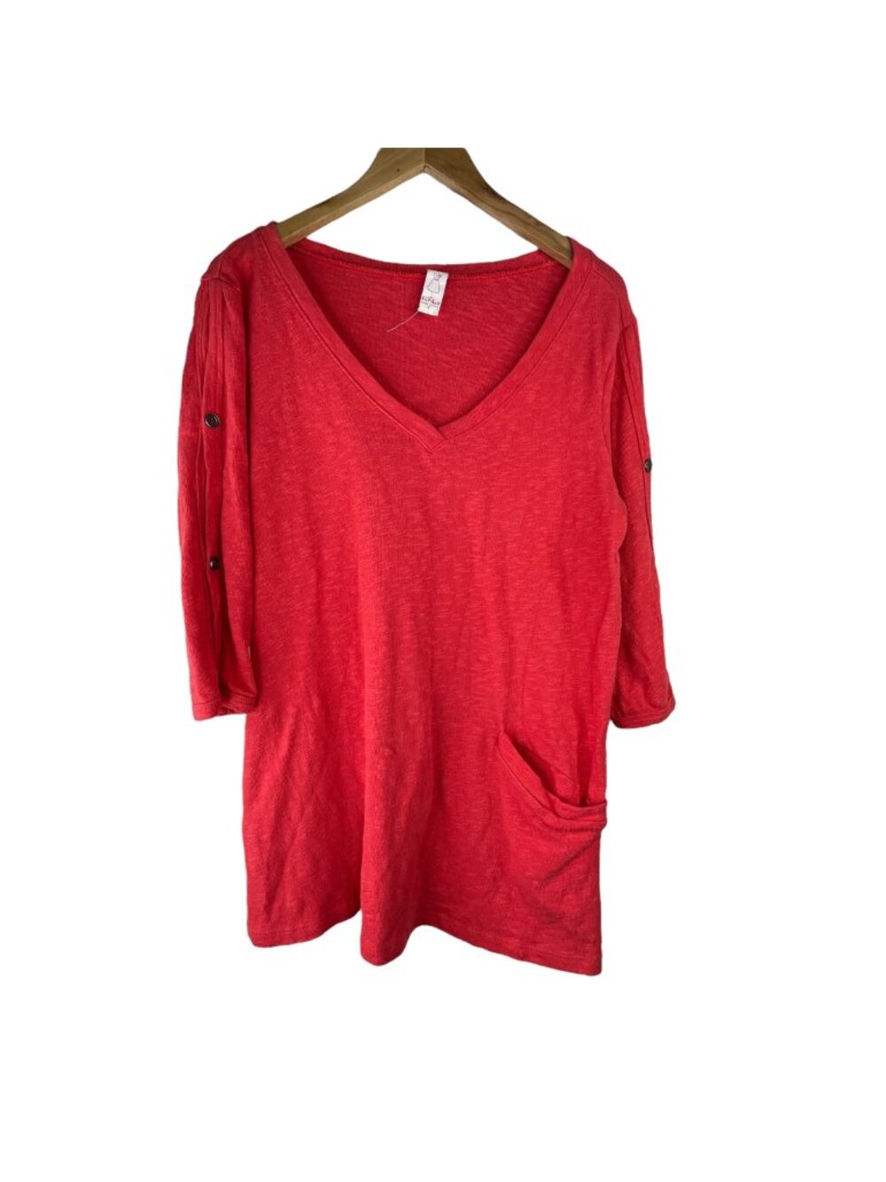 Chalet V-Neck Tunic Small Lagenlook 3/4 Sleeve Pullover Pocket Coral Cotton